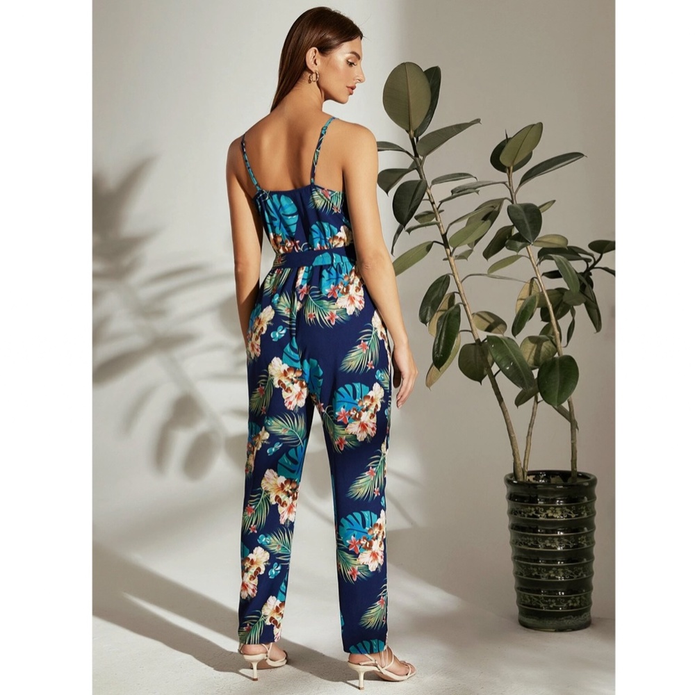Blue Tropical Floral Print Belted V-Neck Cami Jumpsuit - Picture 4 of 8